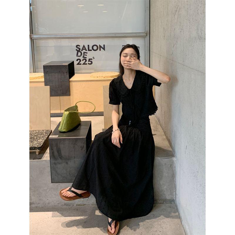 Stylish Lace Embroider Puff Sleeve Shirt Black Suit Women's Autumn Skirt Long Skirt Large Swing Skirt Two-piece Set