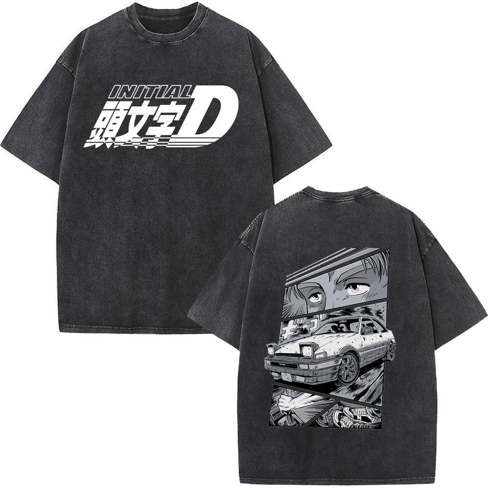 Anime Initial D Drift AE86 Washed Vintage Print T-shirt RX-7 R34 Skyline GTR JDM T-shirts Men's Harajuku Cozy Oversized T Shirts