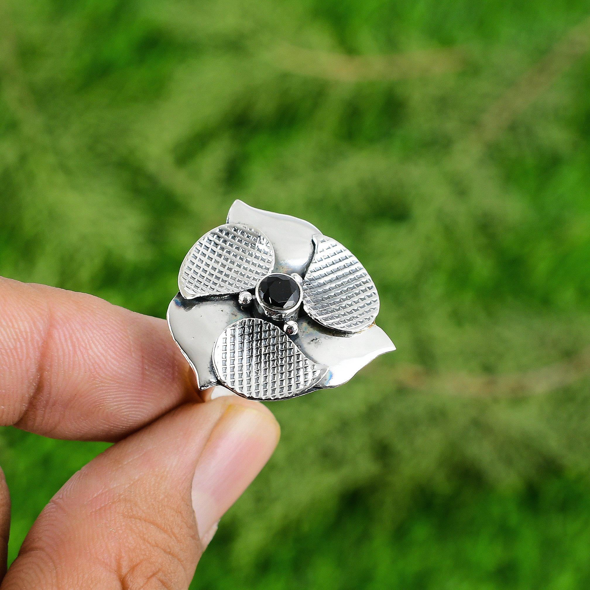 

Natural Black Onyx Flower Promise Stackable Root Chakra Bezel Ring 925 Silver Adjustable