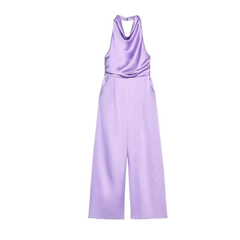 

Za Summer New Women clothes Pleat Decorative Draped Neckline Silk Satin Texture Hanging Collar Jumpsuit 3205399 Purple L