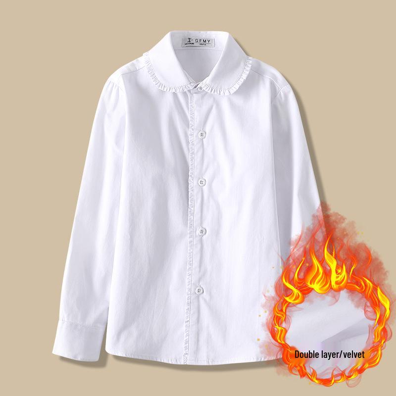 Girls' White Fleece-Lined Cotton Shirt: Long-Sleeved School Uniform for Elementary to Middle School.