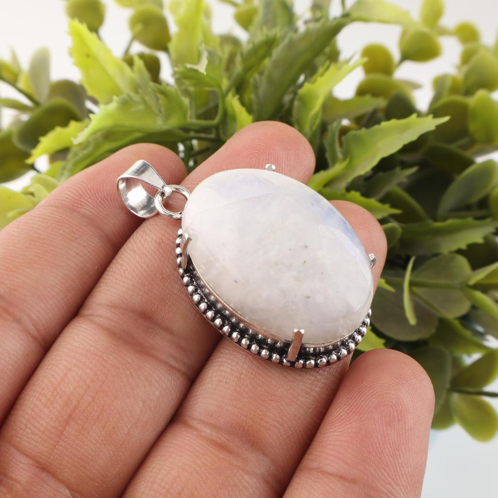 Rainbow Moonstone Gemstone Silver Pendant, Handmade Blue Flash Pendant Necklace Gift For Her PP-63-22