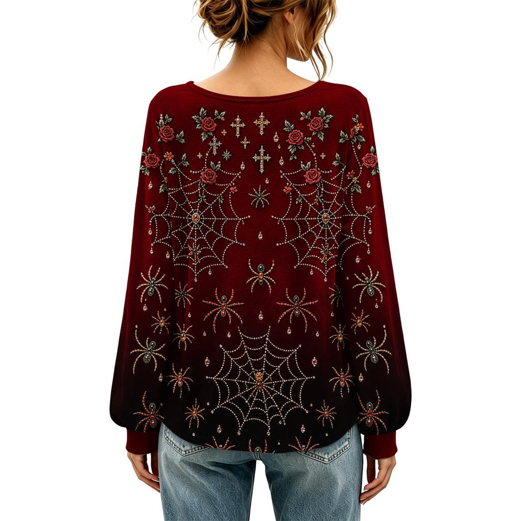 Women's Long Sleeve Neck Halloween Print T-Shirt for Casual Party Wear