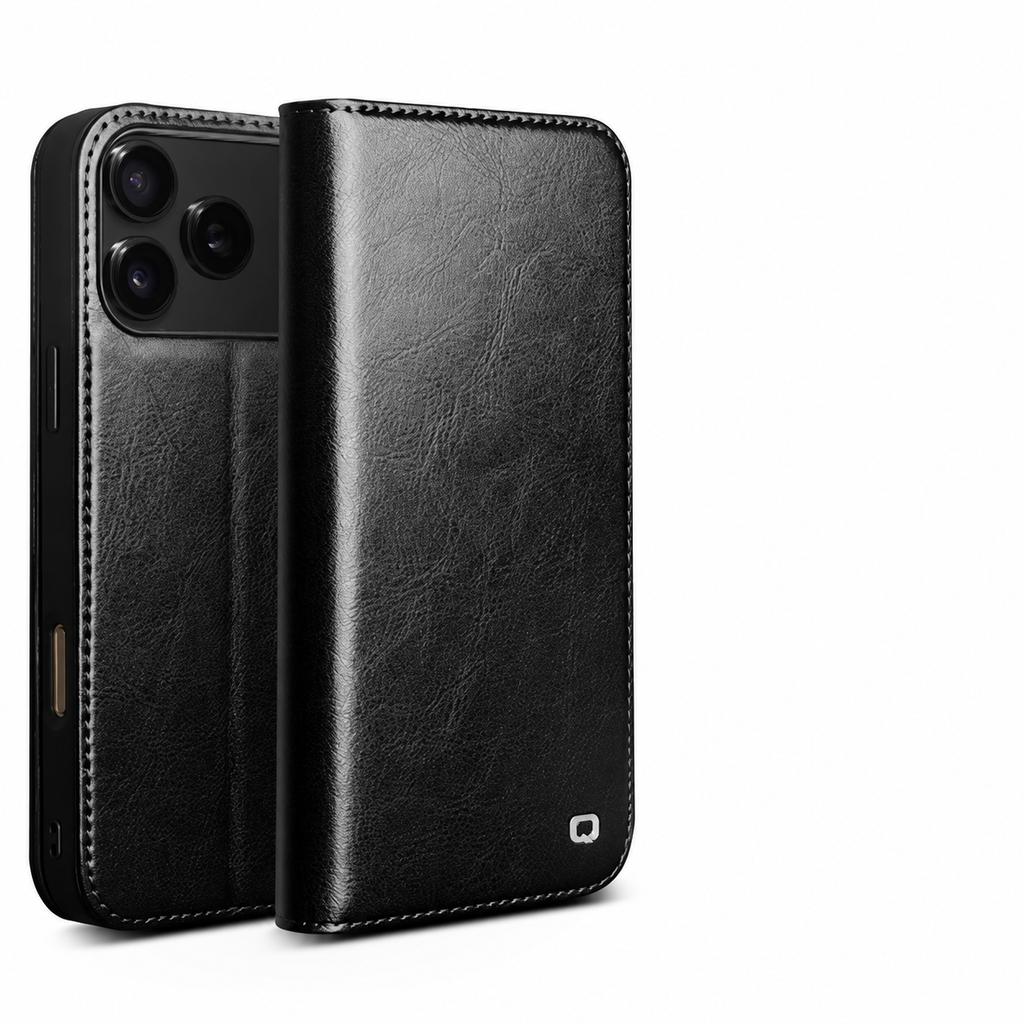 For IPhone 18 Pro / 18 Pro Max Retro Genuine Leather Flip Case with Stand & Built-in Card Holder Handmade Cowhide Business Cover