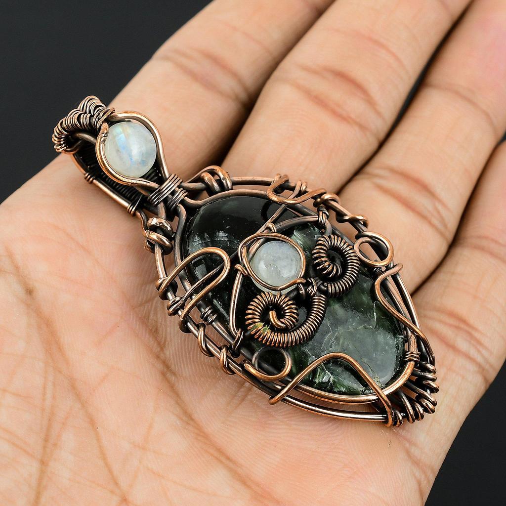 Seraphinite & Rainbow Moonstone Pendant, 999 Copper Wire Wrapped Gemstone Jewelry, Handmade Pendant, For Thanksgiving