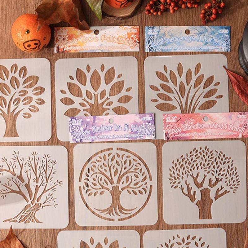 6 Pcs Tree Stencils Cartoon Leaf Stencils Hollow Out Drawing Templates for DIY Projects Reusable Painting Template