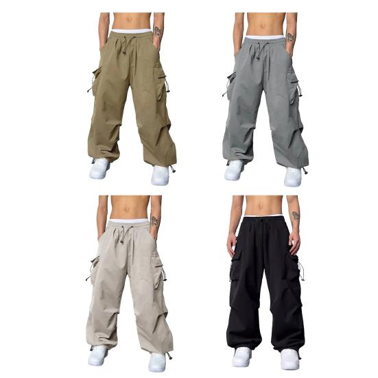 Men Casual Cargo Pants Hip Hop Baggy Trousers with Pockets Low-Rise Elastic Waist Drawstring
