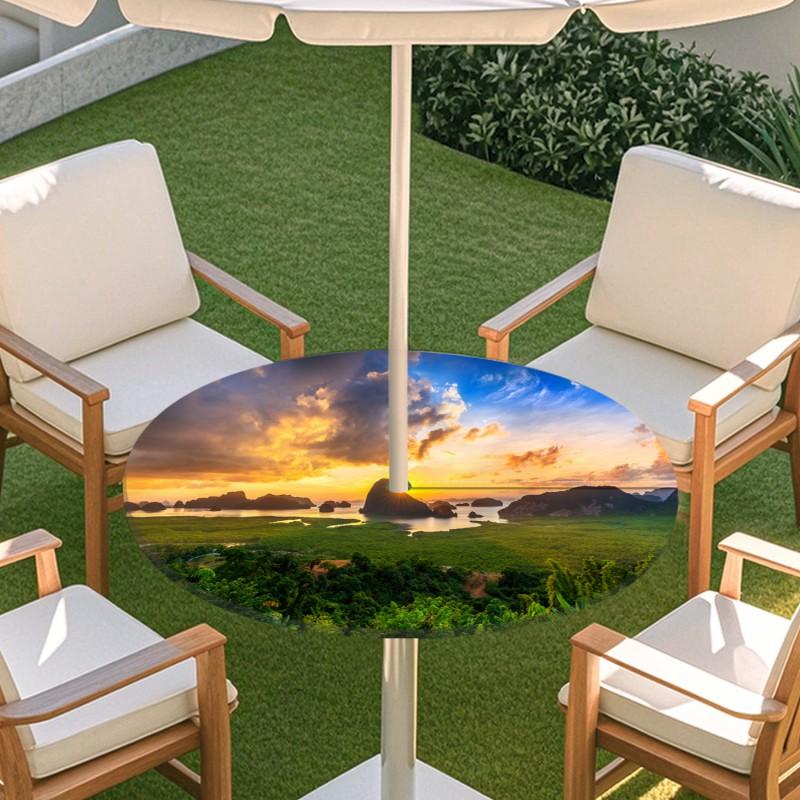 Outdoor Round Table Cover With Nature Print Waterproof Elastic Hem Patio Garden Deck