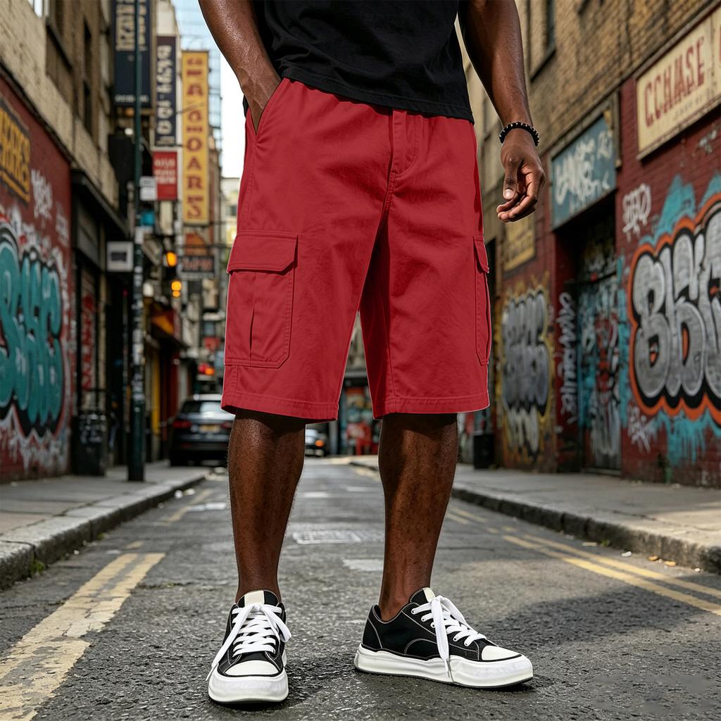 Men Drawstring Waist Relaxed Fit Cargo Shorts Multiple Pocket Casual Knee Length Shorts for Outdoor and Daily Wear