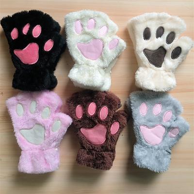 2020Słodkie damskie rękawiczki Cat Claw Paw Białe pluszowe rękawiczki Half Finger Faux Fur Writing Rękawiczki rowerowe Zimowe ciepłe krótkie rękawiczki