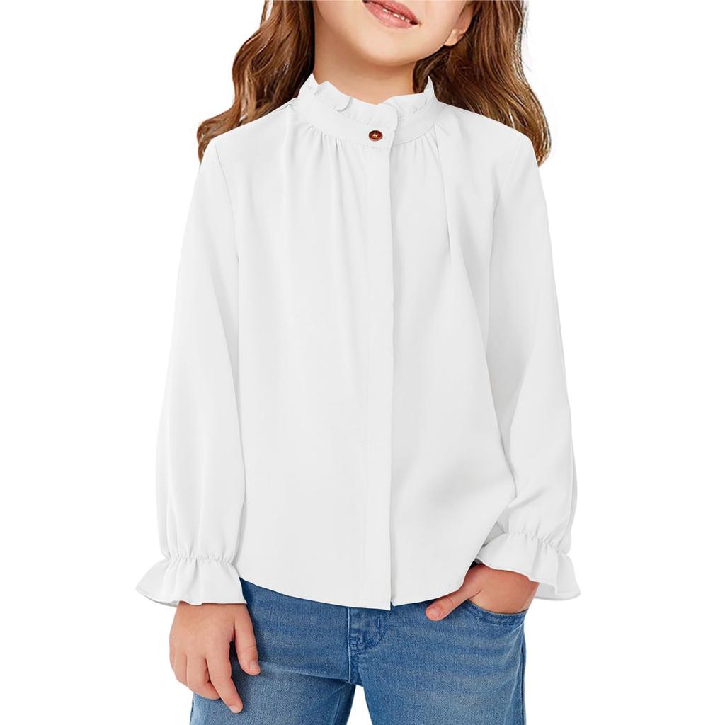 Girls' Ruffled Blouse - Solid Color Stand Collar Shirt