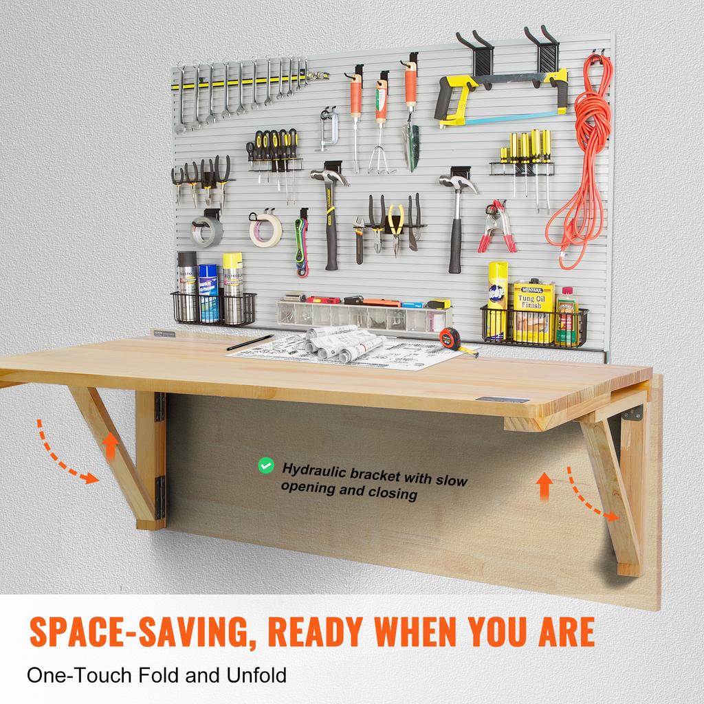 SucceBuy Wall Mounted Folding Table Wooden Floating Desk with Shelf Bracket Drop Leaf for Home Office Kitchen Bar Space-Saving