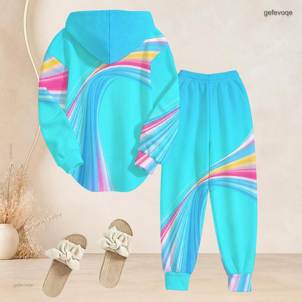 Women Plus Size Two Piece Set Hooded Long Sleeve Colorful Printed Top Cuffed Pants