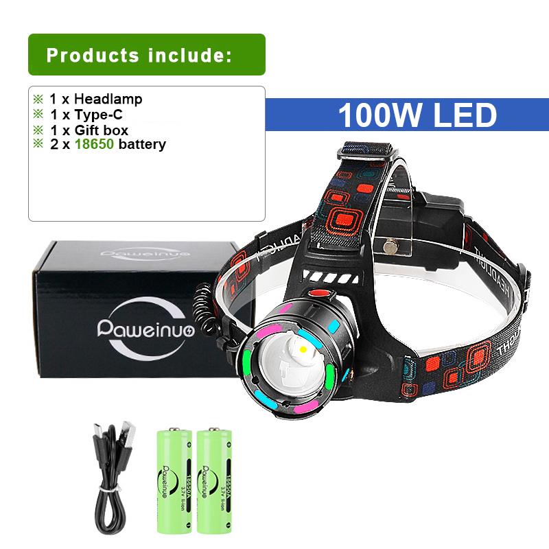 Headlamp Powerful 100W LED Head Light High Lumen 5000LM Head Lantern Fishing Head Flashlight Fluorescent Light Lamp