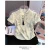 Women Tie Dye Cheongsam Style T-shirt Stand Collar Short Sleeve Casual Fitted Top with Tassel