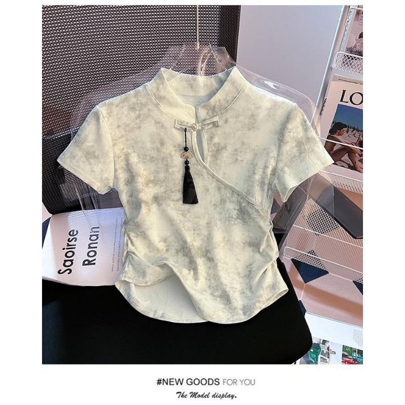 Women Tie Dye Cheongsam Style T-shirt Stand Collar Short Sleeve Casual Fitted Top with Tassel