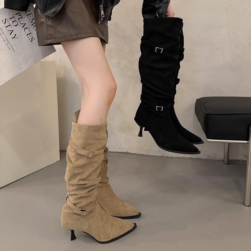 Fashion Boots Pointed Thin Heel Belt Buckle Pleated Heap Boots Women's 2025 Autumn New Temperament Thin High Heel Boots