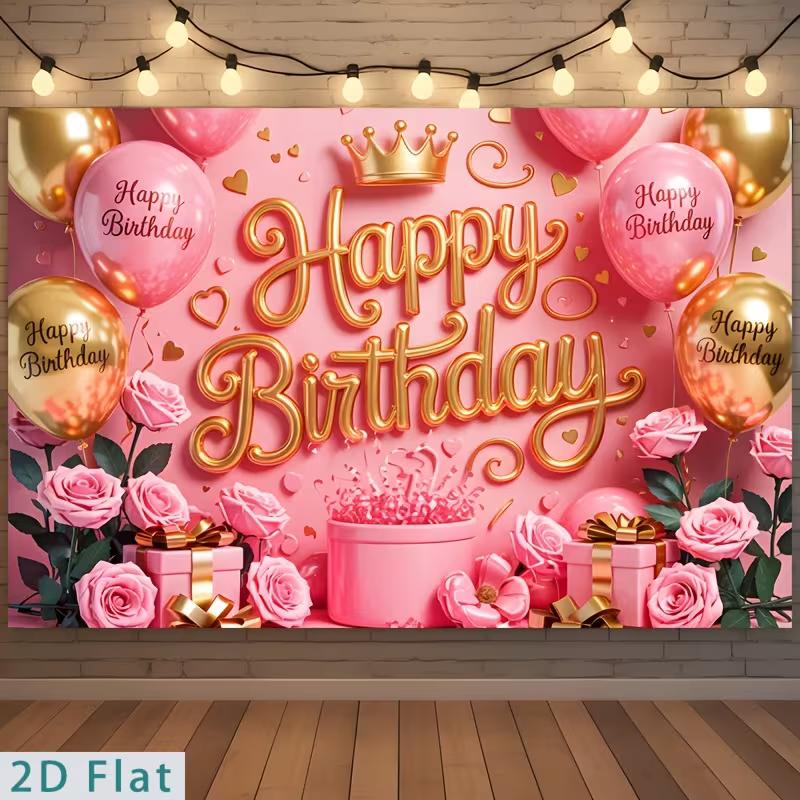 2D Sweet Pink Gold Birthday Backdrop Banner Princess Themed Happy Birthday Party Decor Background