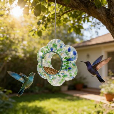 Colorful Glass Bird Feeder Outside Hanging Fly Through Bird Feeder Flower Shape Birdfeeder for Blue Jay Finch Garden Decor