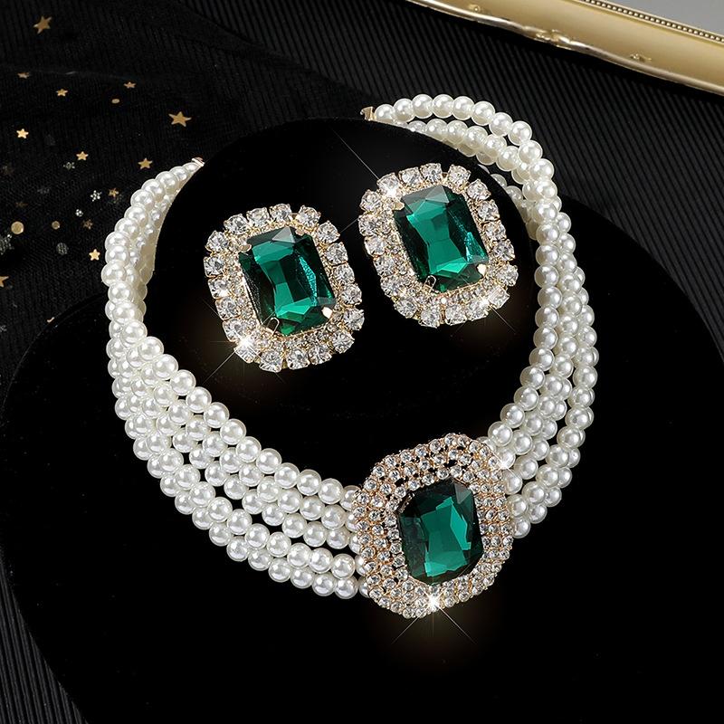 Jewel Home Women's Red/White/Black Banquet Glitter Glass Diamond Necklace Bridal Multi-Layer Imitation Pearl Geometric Rectangular Crystal Earrings Necklace Set