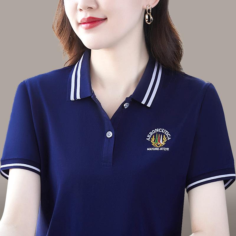 

Летняя футболка с короткими рукавами для женщин, новый стиль, для мам среднего возраста, летняя рубашка с лацканами, большой размер, спортивный воротник-поло, стильная рубашка 5XL