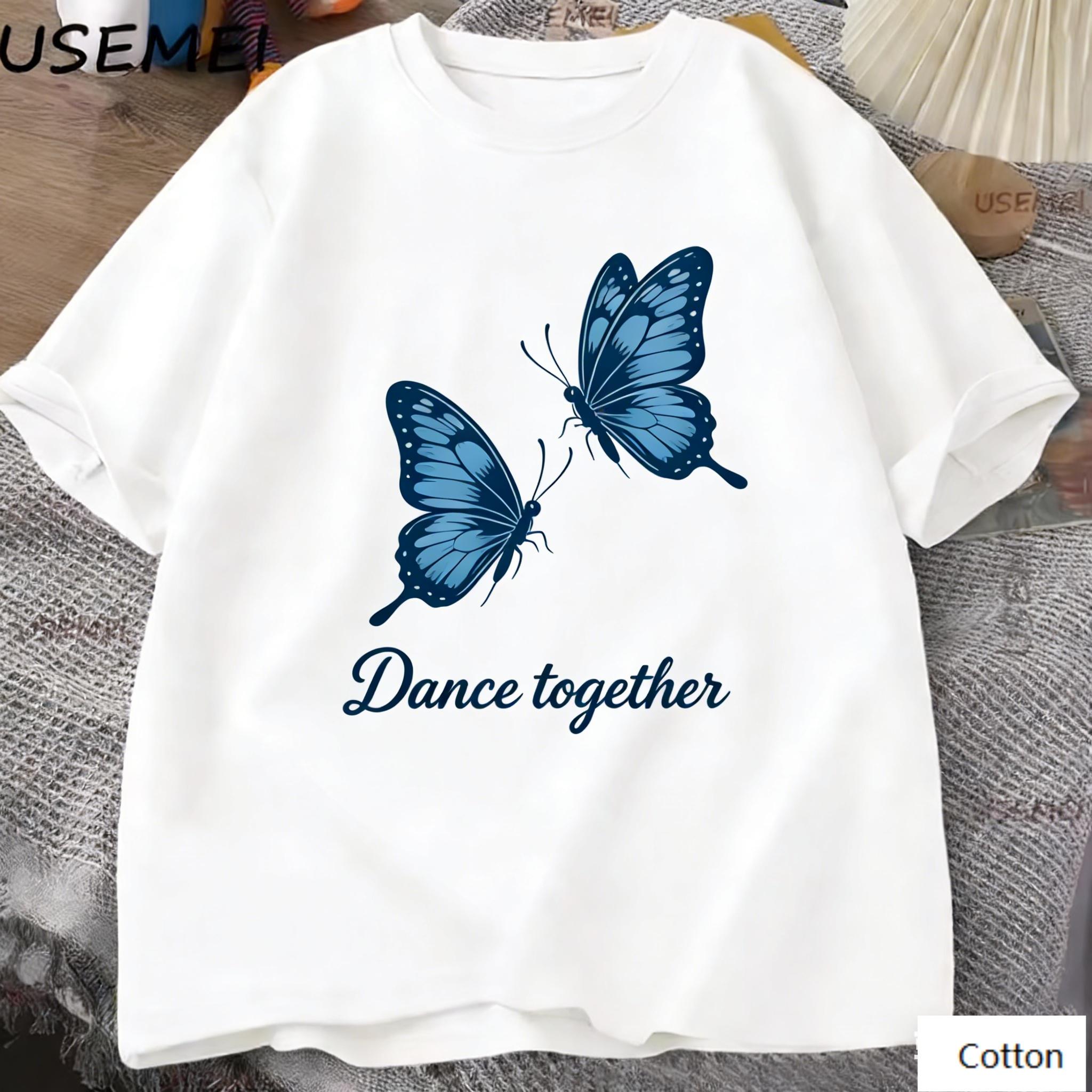 

Oversized TShirt with Dance Together Butterfly Graphic Loose Streetwear Style Soft Breathable Fabric Classic Crew Neck S