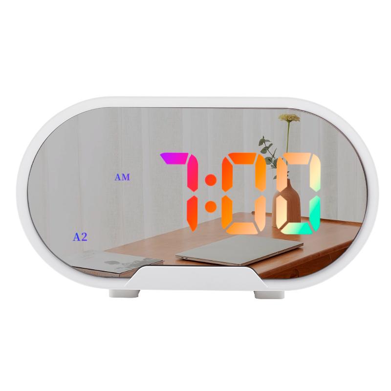 Desktop Mirror Led Alarm Clock Simple Led RGB Display Time with Stepless Volume Adjustment Mirror Clock for Deep Sleeper