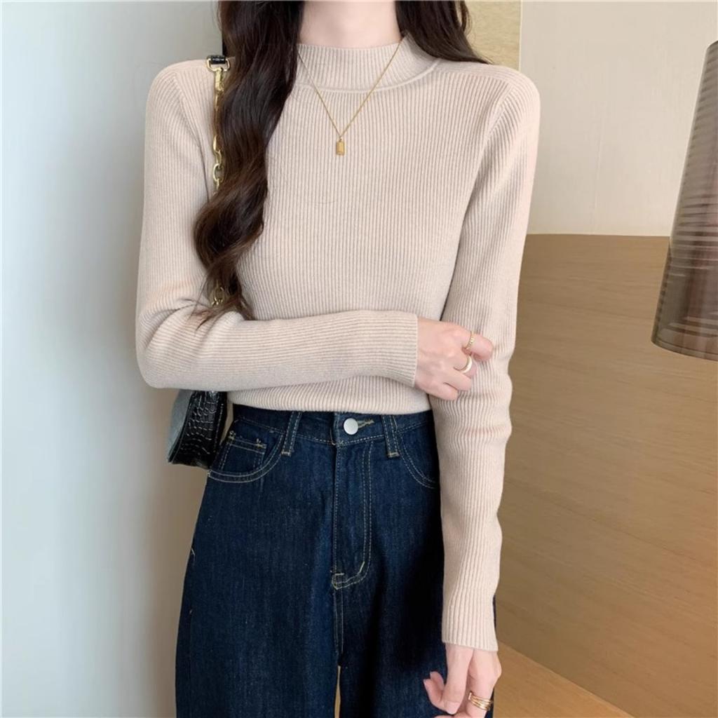 Spring and Autumn Winter Long Sleeve Sweater Women's Interior Tailored Bottom Shirt Half High Collar Korean Edition Knitted Shirt Women's Top