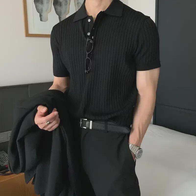 Men's Trendy Korean Style Polo Shirt - Casual Summer Solid Color, Textured, Knitted Short-Sleeve T-Shirt
