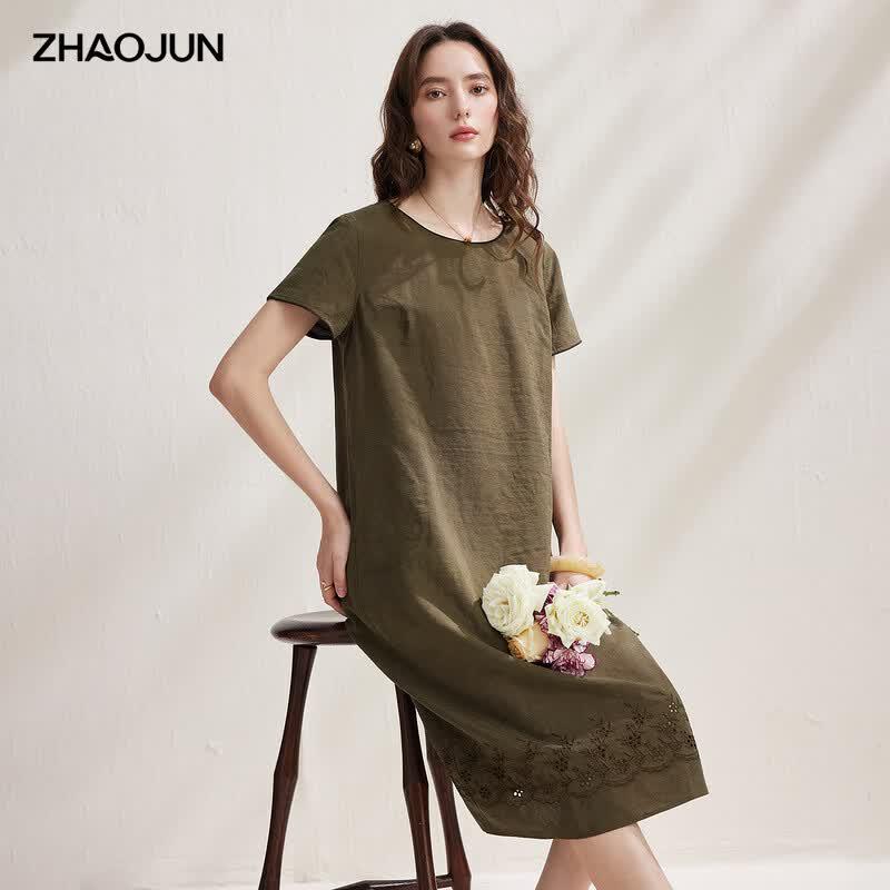 Zhaojun Mulberry Silk Hollow Embroidered Short Sleeve Dress XL