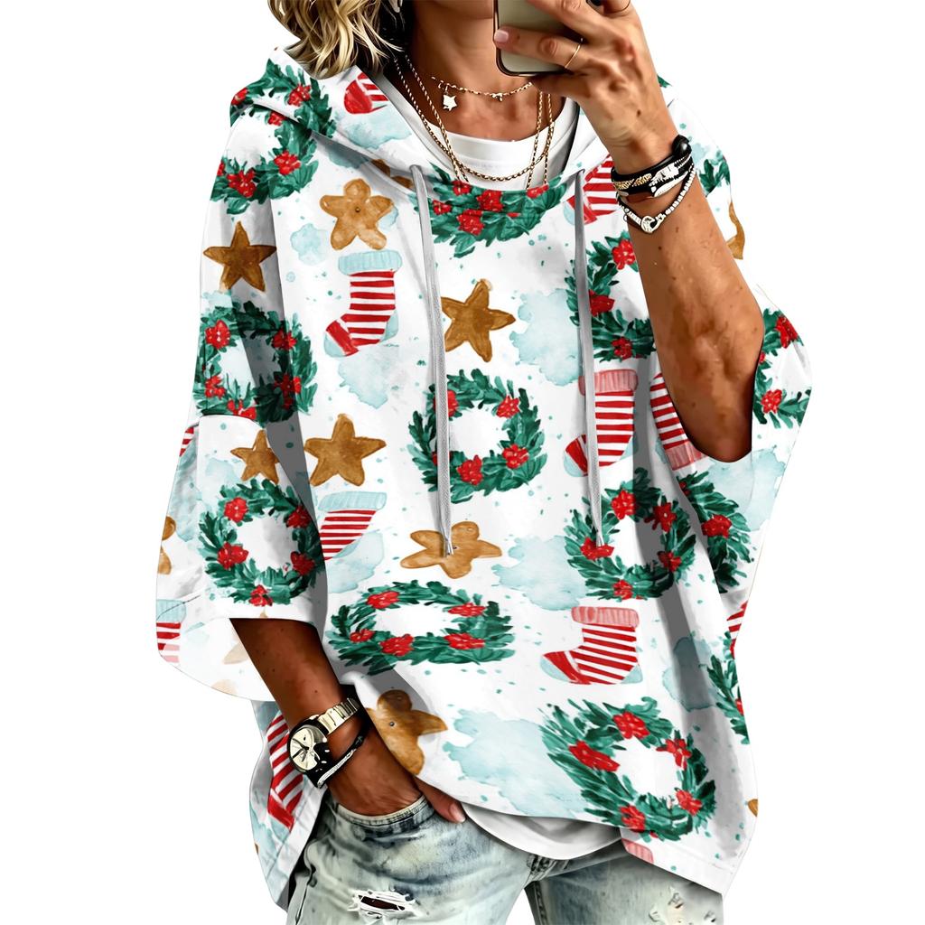 Women's Fashion Christmas Print Hooded Pullover Top, 3/4 Sleeve Casual Tunic