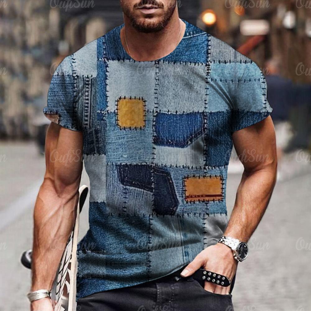 Men's T Shirt 3D Digital Patchwork Graphic Print Short Sleeve T-Shirts Comfy Casual Elastic Crew Neck Men Outdoor Activities Top