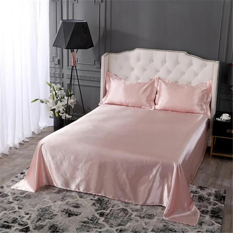 3Pcs Luxury Satin Silk Flat Bed Sheet Set Single Queen Size King Size Bedspread Cover Linen Sheets Double Full Double Sexy