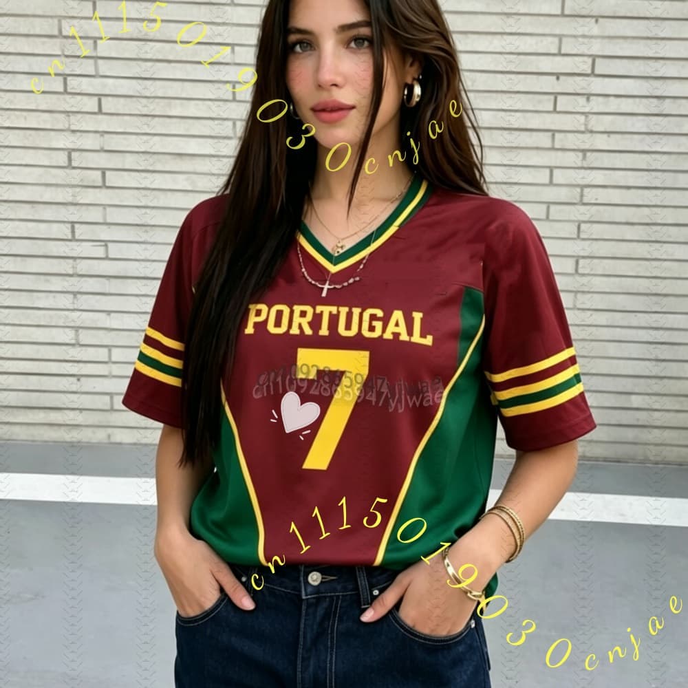 2026 Kadın Erkek Ponpon Kızlar PORTUGAL NO.7 Y2k Üstler Yaz Futbol Kısa Kollu Forma Günlük Tişörtler Hip Hop Kadın Erkek Giyim