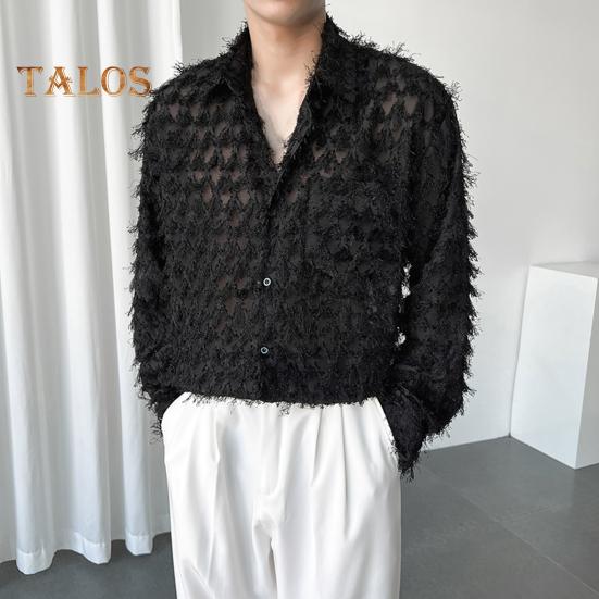 Men Shirt with Breat Pocket And Tassel Decor Turn-down Collar Single-breasted Long Sleeves Solid Color Holiday Christmas Party Club Top