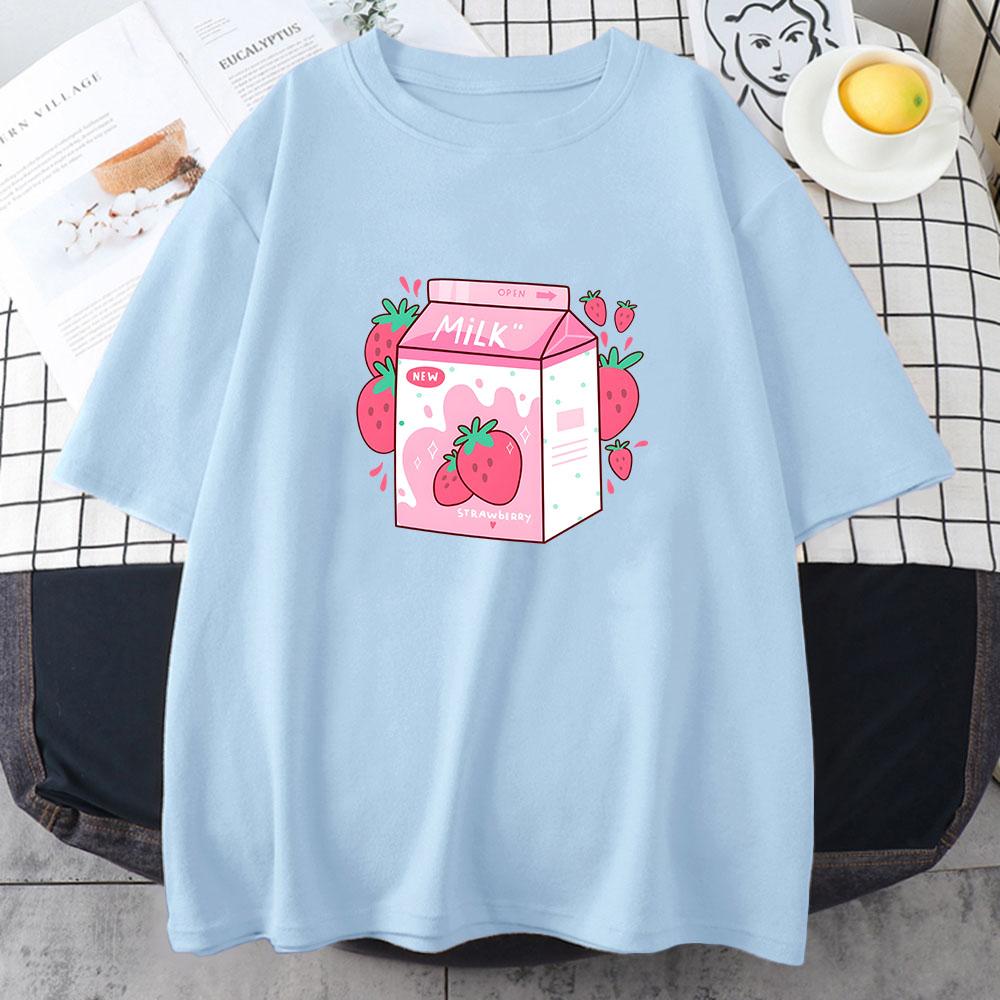 Strawberry Milk Cartoon Printing Teeshirt Casual Short Sleeve Oneck Tshirts Cotton Soft High Quality Tshirts Women Girls Tees
