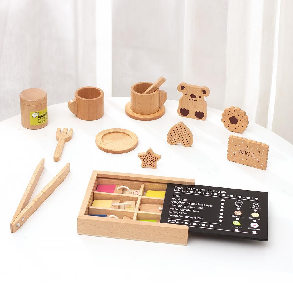 Children's Wooden Simulation Kitchen Afternoon Tea Pastry Dessert Cutchery Set Play House Solid Wood Teapot Cup Toy