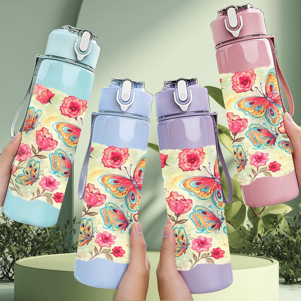 1PC Soft Pink Rose Cluster Floral Print 750ml Color Plastic Sports Water Bottle Leakproof Flip Straw Lid Suitable for Sports Office Home Use
