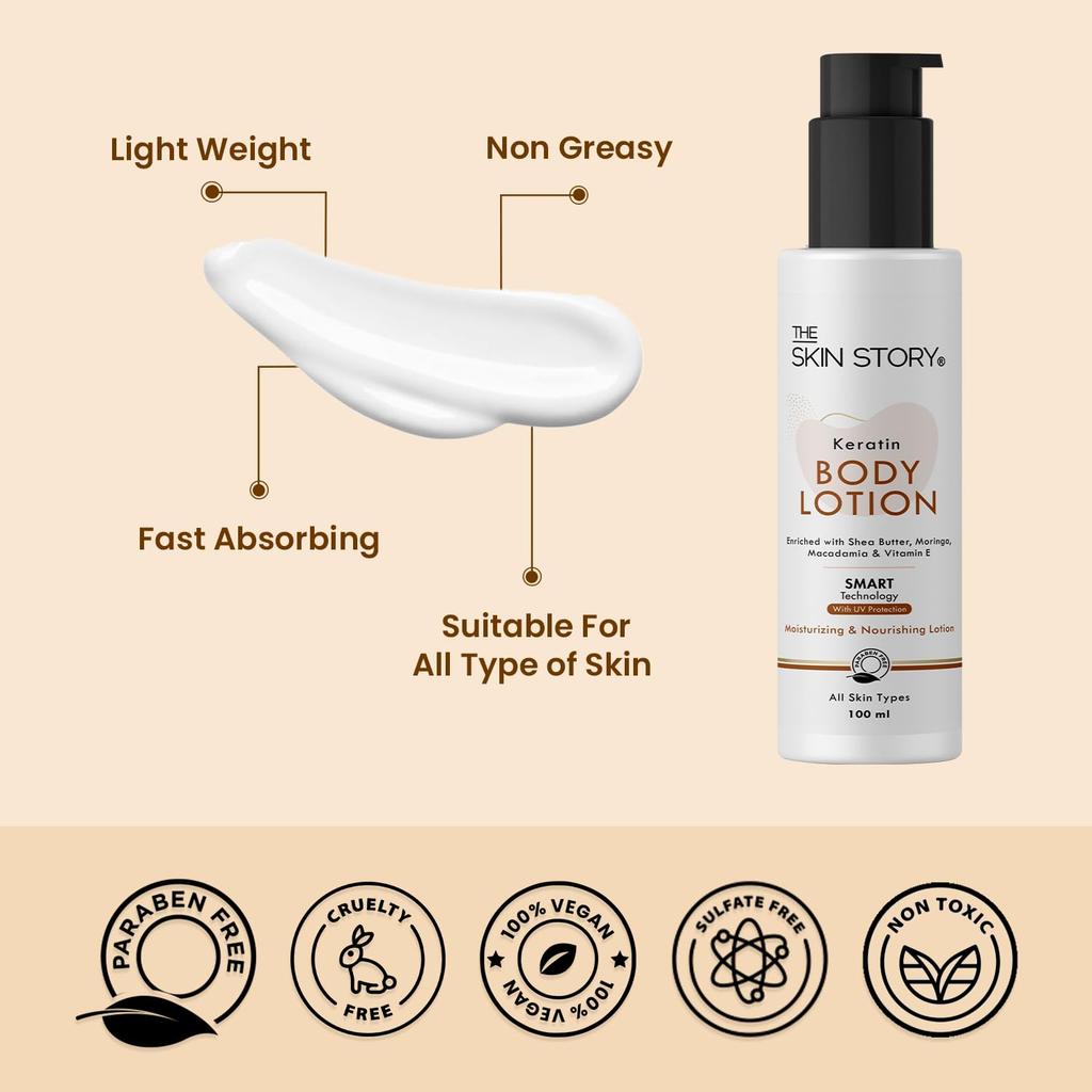 The Skin Story Moisturising Body Lotion for Women | 24Hrs Long Lasting Moisture and Hydration | Shea Butter, Moringa, & Vitamin E 100ml