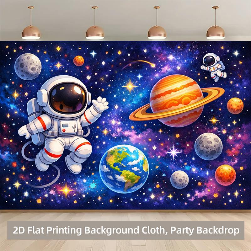 1 Stück 2D-Hintergrundstoff Astronaut streift umher und erkundet im Weltraum auf Polyester-Hintergrundstoff Party-Banner