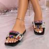 Fashion Women's Fashion Flat Slippers in Summer New Square Shallow Diamond Beaded Soft-soled Anti-slip and Wear-resistant Slippers.