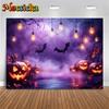 Mocsicka Halloween Backdrop Photography Purple Pumpkin Party Children Photo Backgrounds Dark Forest Lamps Bat Decorations Banner