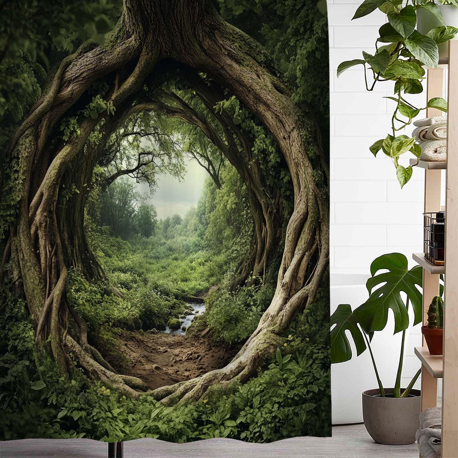 

Enchanting Forest Portal Shower Curtain For A Mystical And Inviting Bathroom, Featuring An Intricate Design Of Twisting Tree W90XH180cm