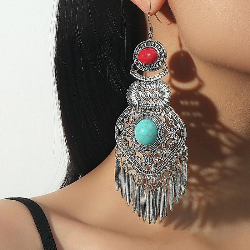 Tibetan Exaggerated Earrings Women's Bohemian Retro Personality Exotic Long Fringed Yunnan Earrings