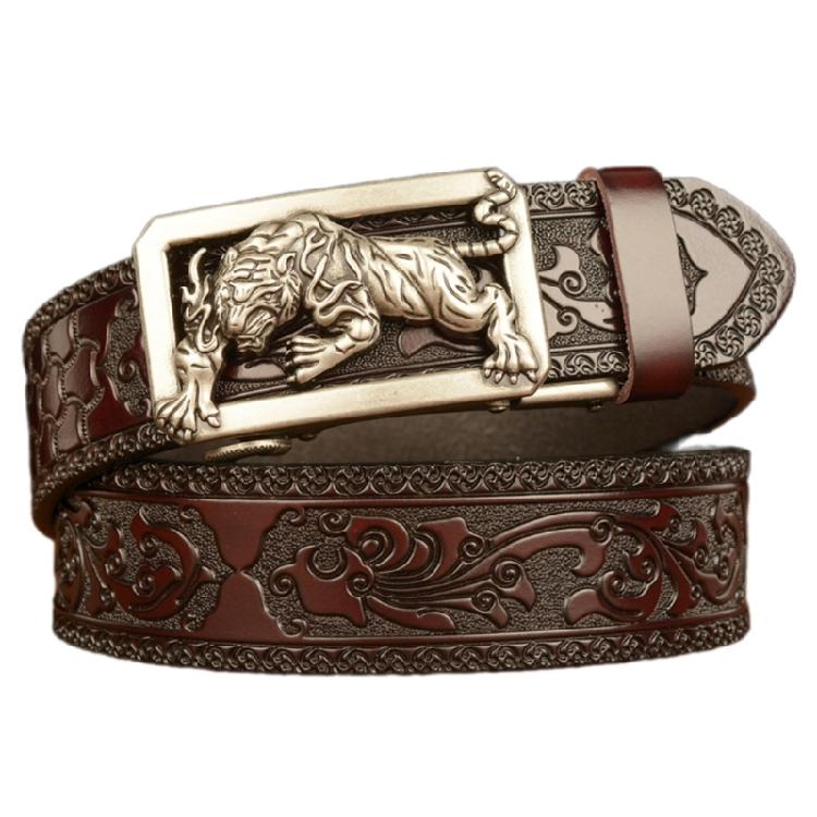 Classical Men Leather Belt with Convenient Automatic Buckle and Carved Beast Buckle Chinese Beast Head