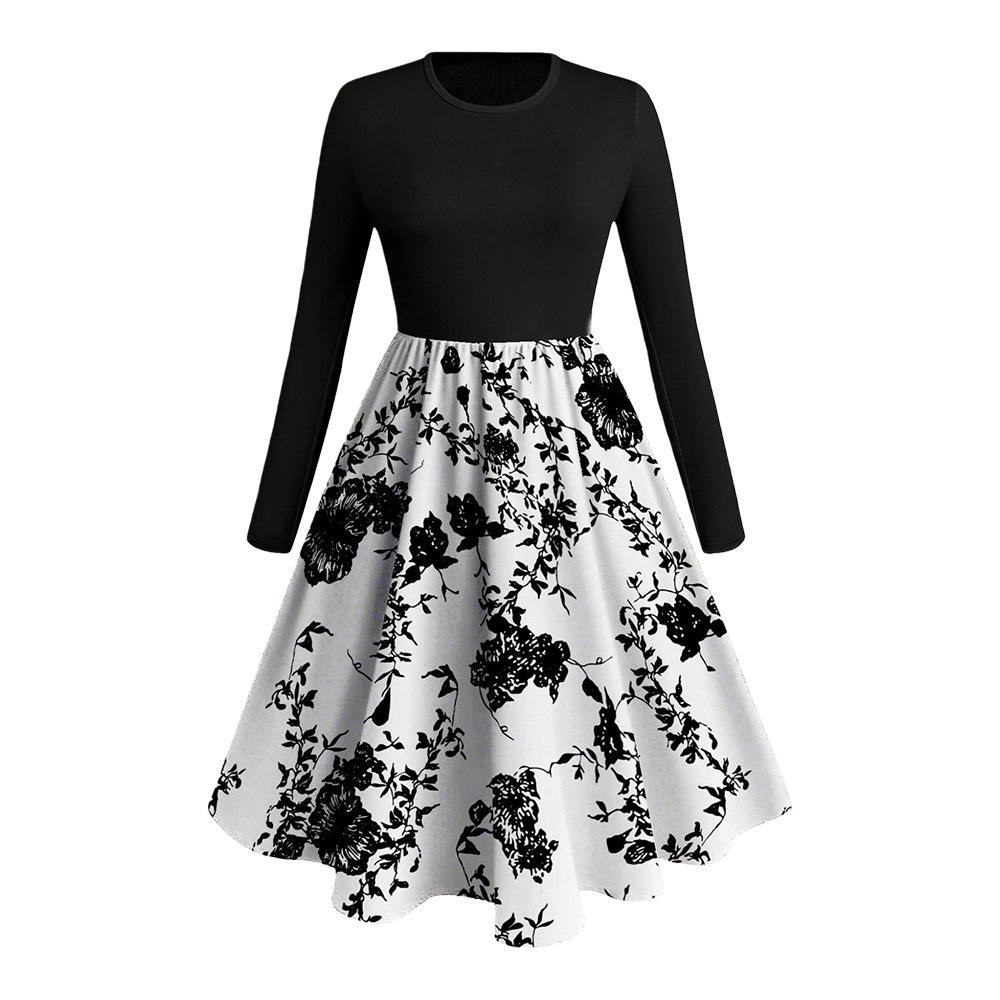 Plus Size Women's Hepburn Style Polka Dot A-line Dress with Round Neck and Long Sleeves