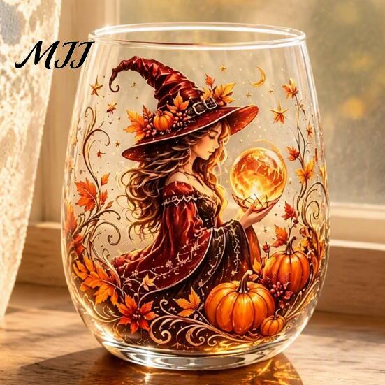 Creative Holiday Gift Fantasy Witch Glass Tea Cup, Gothic Crystal Ball Pattern Tumbler for Halloween Party Glassware Wine Juice, 320ml Vintage