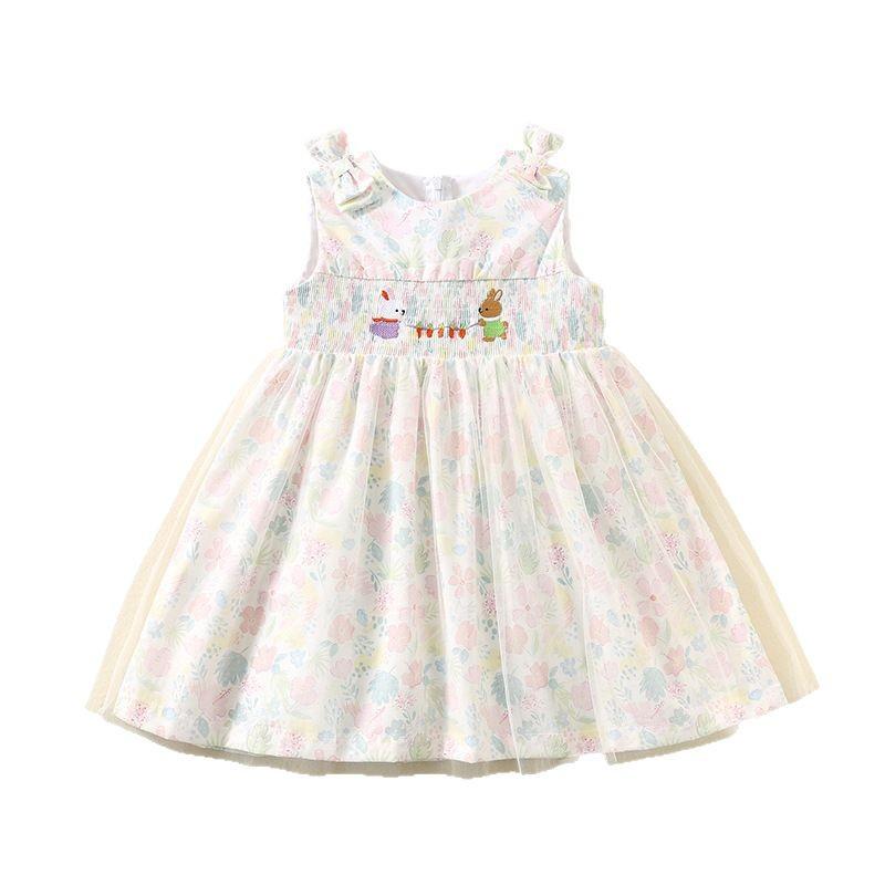 Summer Girls Pink Smocked Princess Dress With Cute Rabbit Embroidery Tulle And Cotton Printed Fabric Lovely Party Gown
