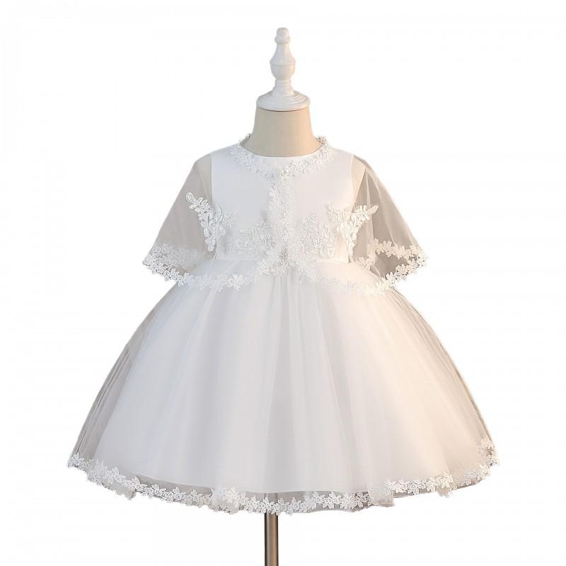 Girls Princess Tulle Dress Lace Trim White Party Wedding Gown Kids 4-8 Y.O.