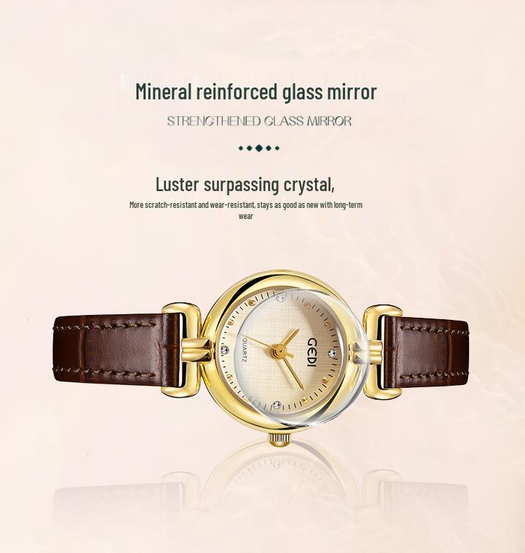 Gedi Retro-Style Women's Thin Quartz Watch with Cloth Pattern and Genuine Leather Strap